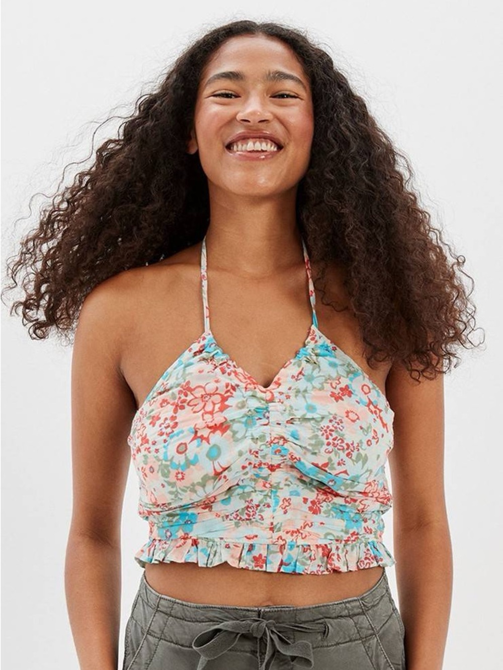 American Eagle Outfitters Floral Smocked Halter Top - Aqua, Coral, Cream